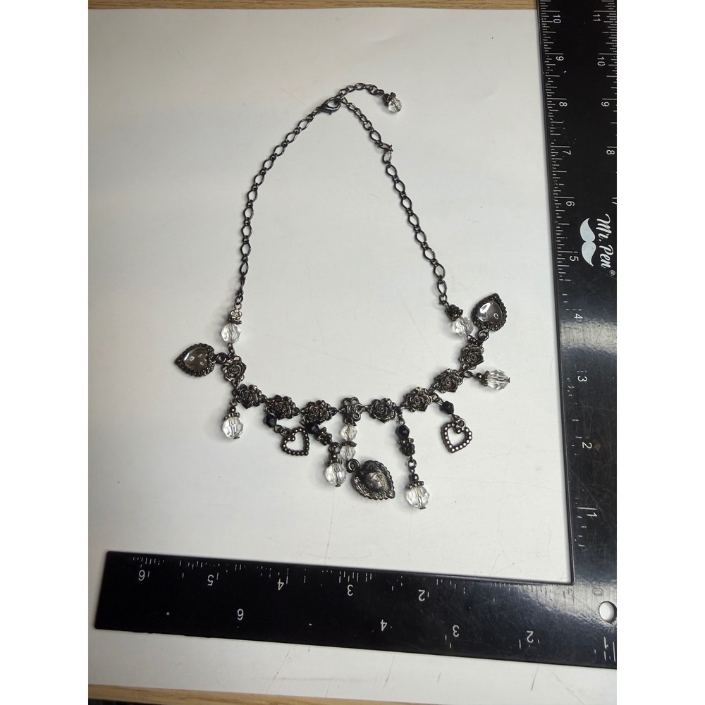 Gunmetal Rose Heart Charm Necklace Gothic Clear Bead Floral Victorian Whimsigoth